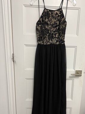 Maniju Black Lace Nude Halter Maxi Dress Open Back M